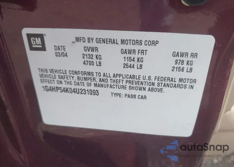 2004 Buick Lesabre Custom z USA, uszkodzony, nr VIN 1G4HP54K04U231093